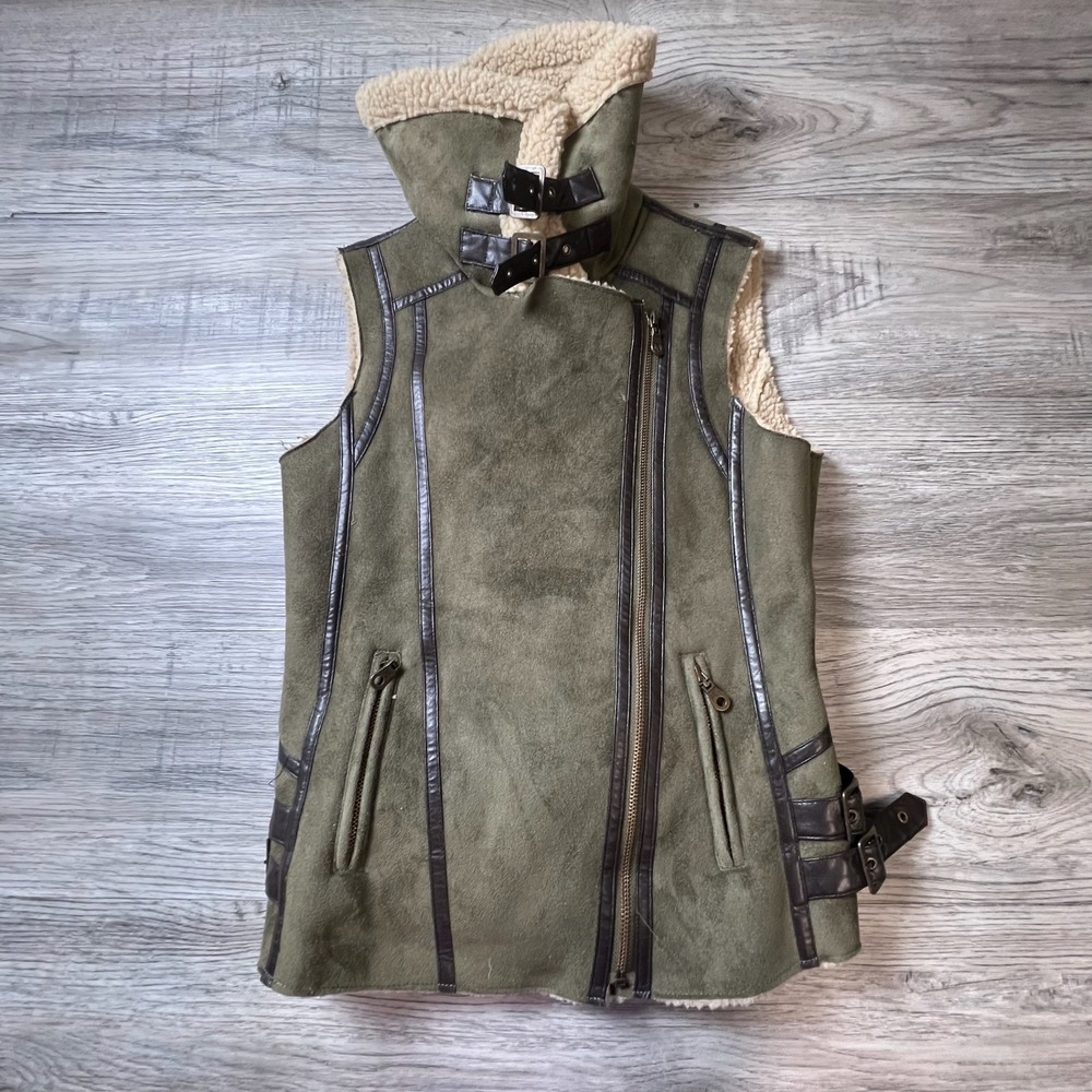 Members Only Moto Vest Womens XS Olive Green Faux Suede Shearling Aviator Biker